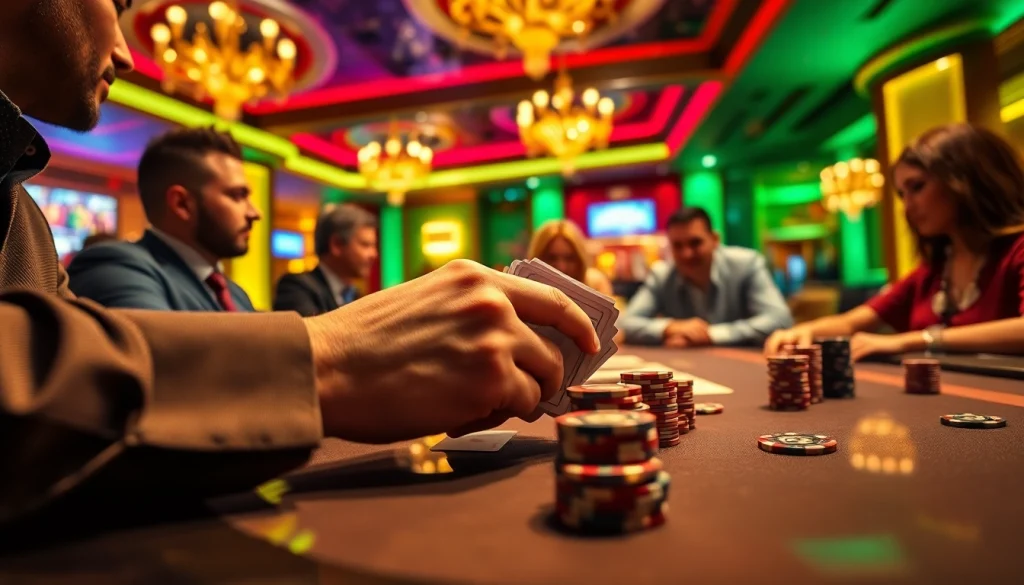 Compete in an engaging Online poker kr ly game with players surrounded by vibrant casino atmosphere.