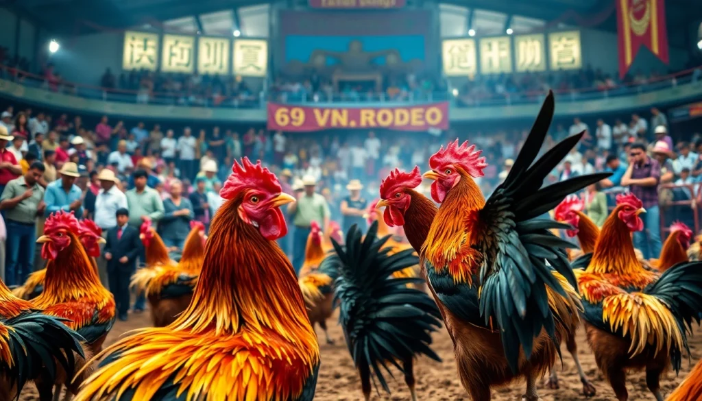 Watch dynamic cockfighting at 69vn.rodeo featuring fierce roosters and an energized crowd.