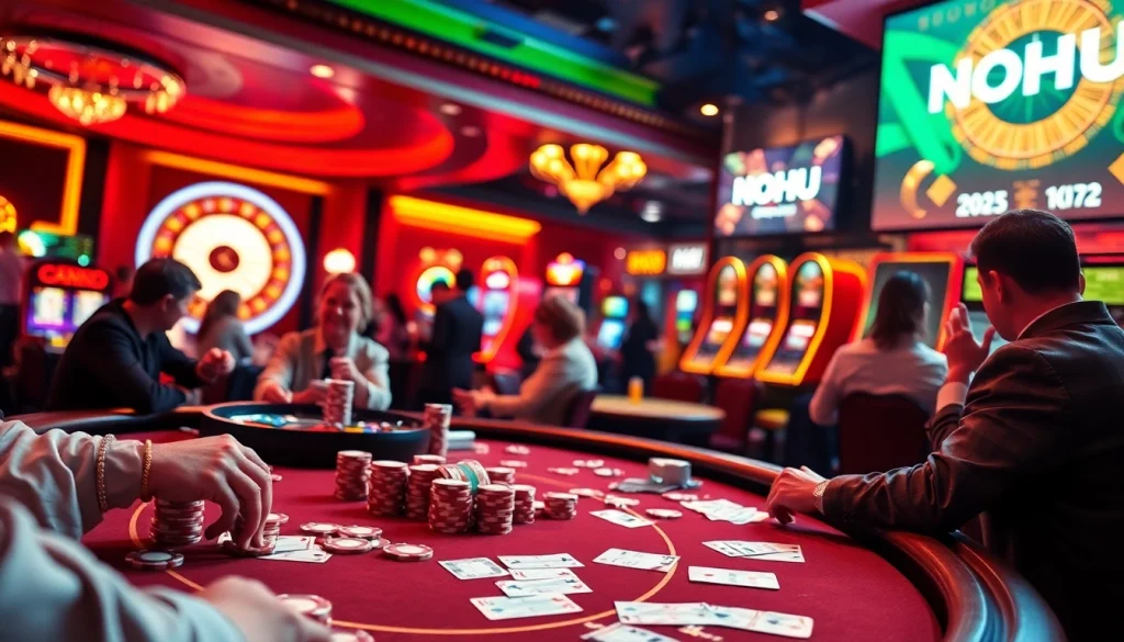 NOHU gaming setup showcasing high-stakes poker action with chips and cards.
