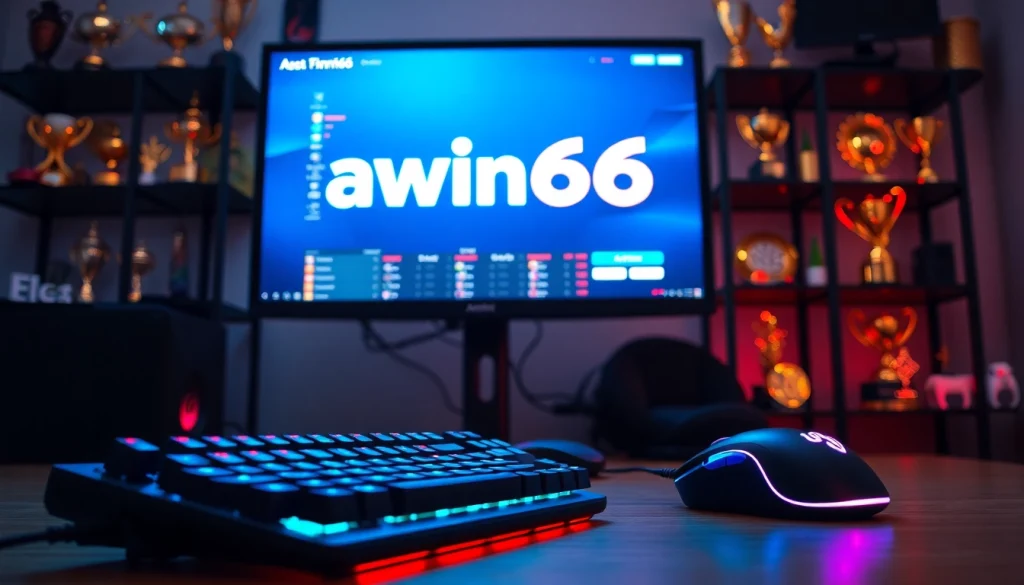 Engaging gaming setup showcasing awin66 logo with bright, energetic lighting and modern design.