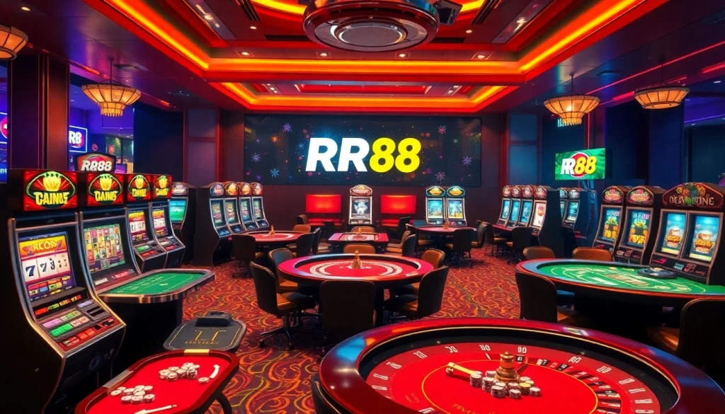 Experience the thrilling atmosphere of RR88's casino, featuring captivating gaming tables and vibrant slot machines.