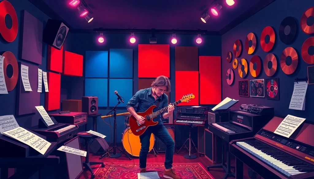 Artist creating music in a vibrant studio environment, prominently featuring OK88.
