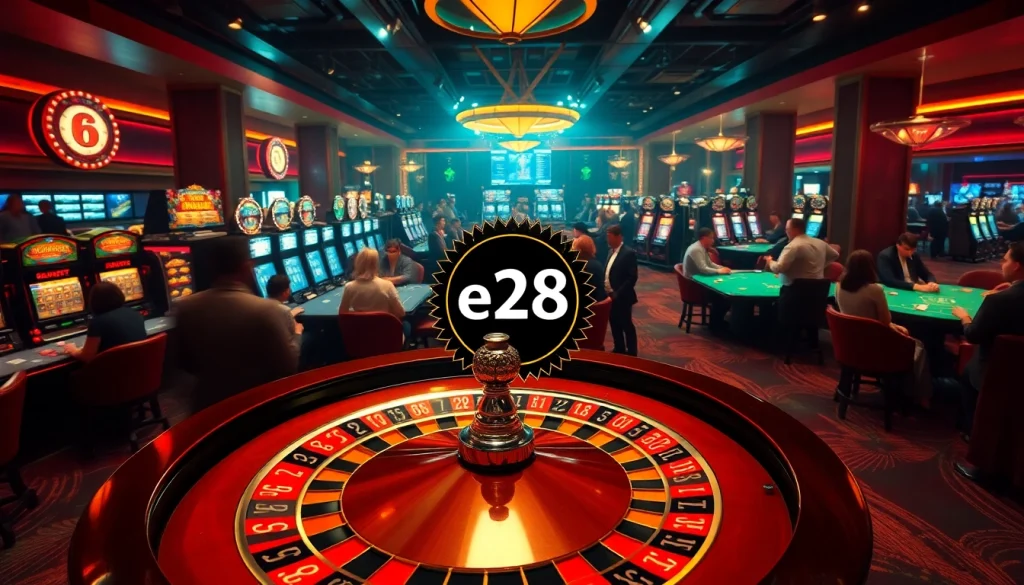Experience the thrill of gambling with e28 at an electrifying casino scene filled with roulette and players.