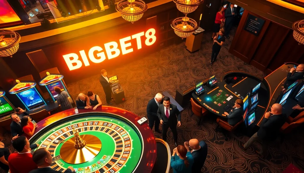 Experience the excitement of BIGBET88 at a glamorous casino filled with players at roulette and blackjack tables.