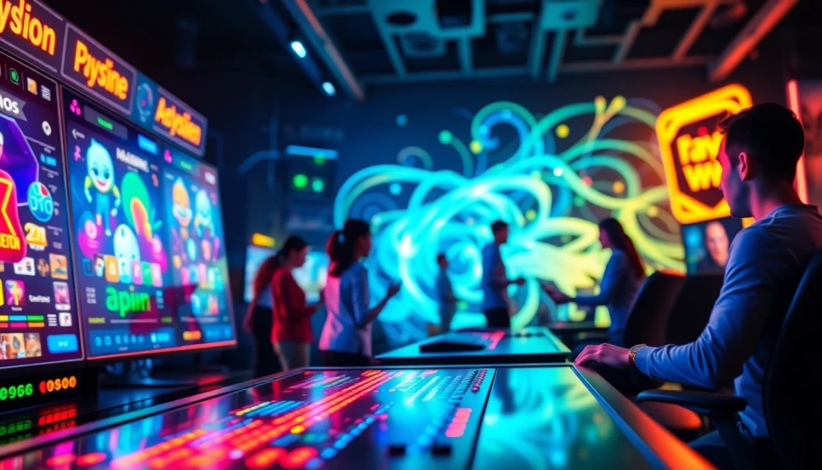 Awin66 gaming platform UI with vibrant graphics and animated avatars engaging in games.