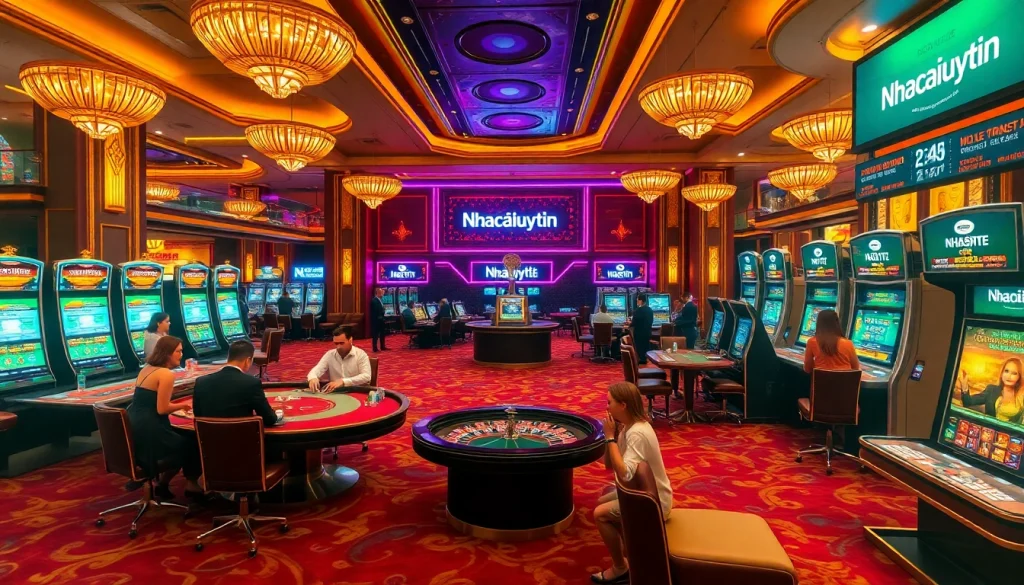 Players experiencing excitement in a casino environment, showcasing Nhacaiuytin among lavish decor and games.