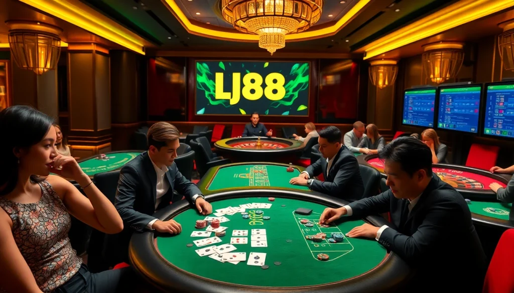 Players enjoying a thrilling blackjack game at https://bj88.fans/, surrounded by vibrant casino elements and engaging gameplay.
