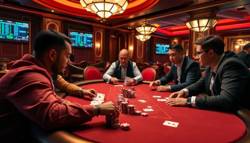 Exciting online poker game where players engage in high-stakes action at a casino table.