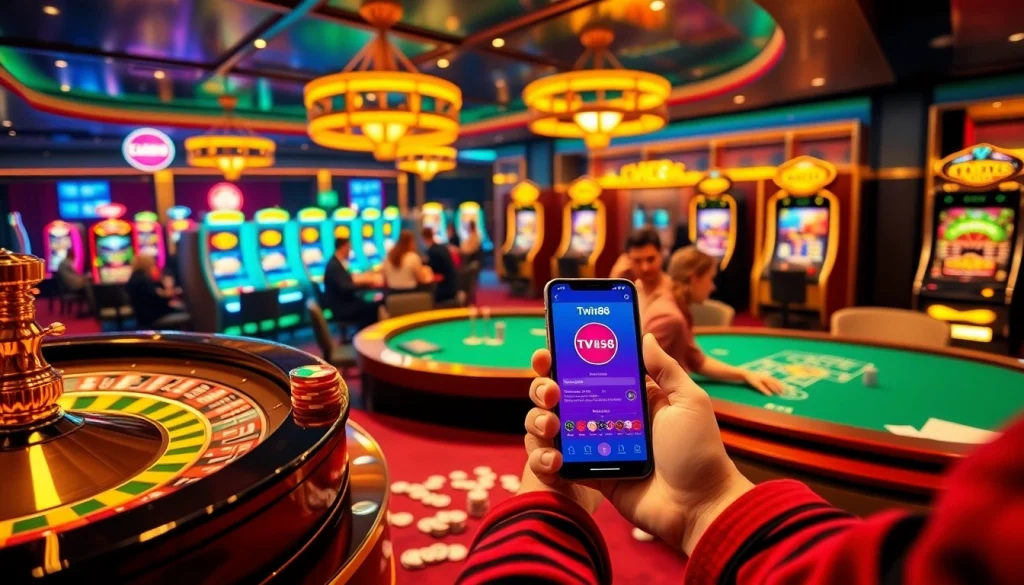 Twin68 showcases a thrilling casino scene with vibrant roulette wheels and excited players at the poker table.