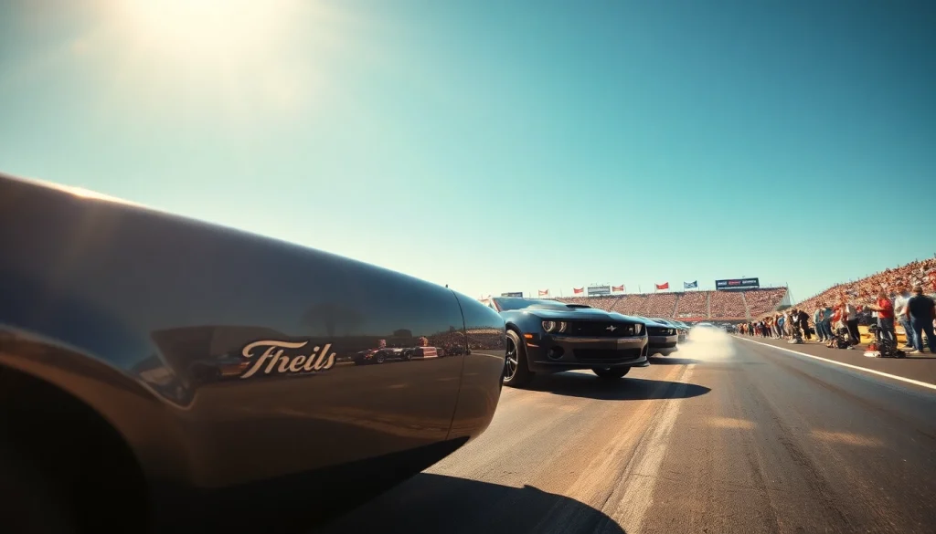 Experience Drag Racing excitement as cars launch off the starting line in a dynamic race.