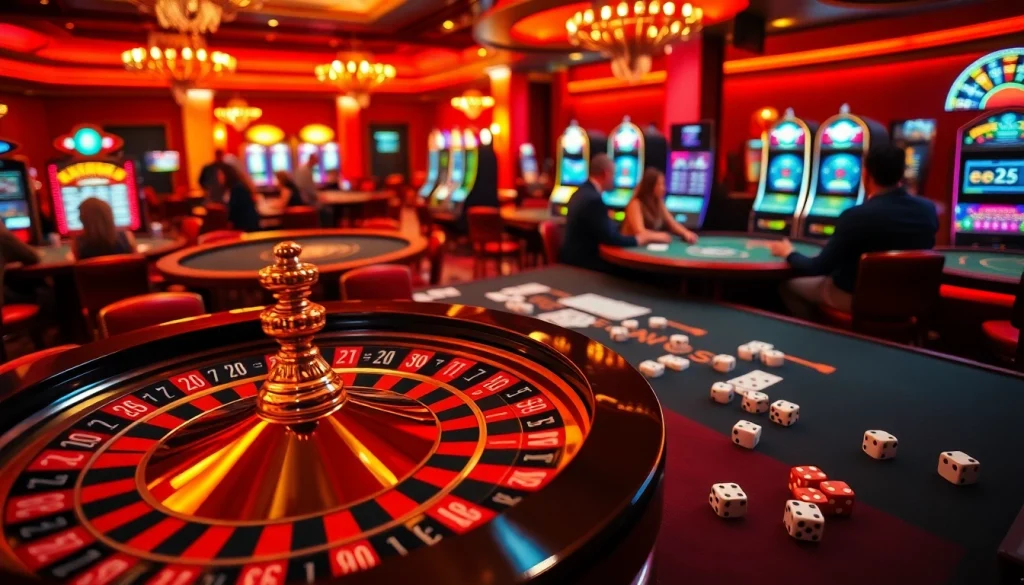 The dazzling casino with various gambling tables highlights the exciting gameplay options of e28.