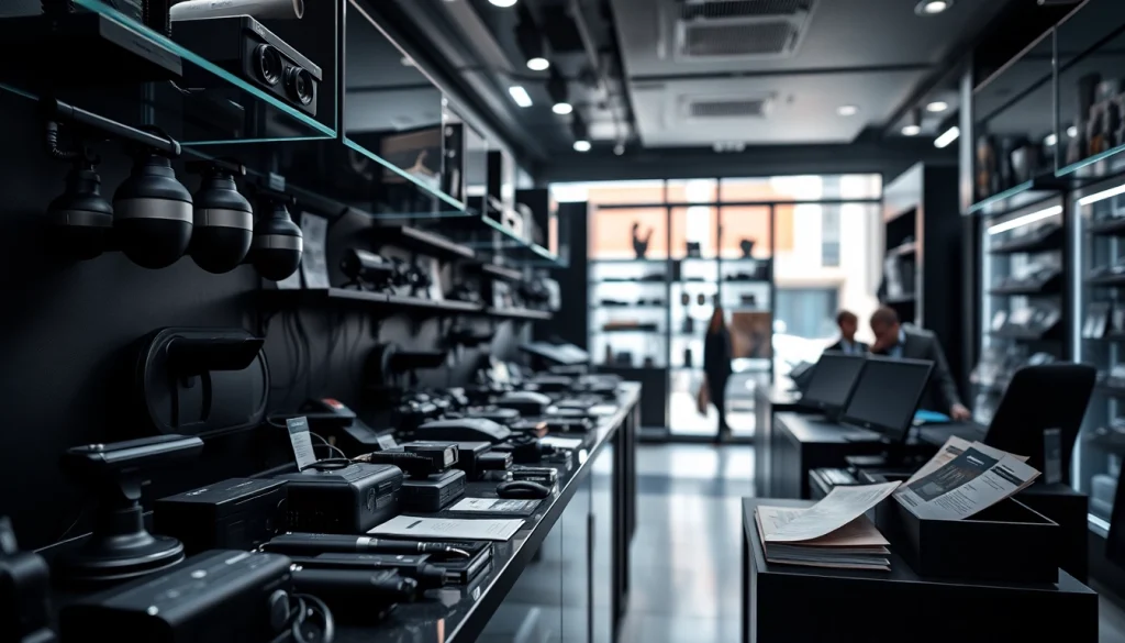 Explore a boutique d'espionnage with advanced spy gadgets and high-tech equipment displayed elegantly.