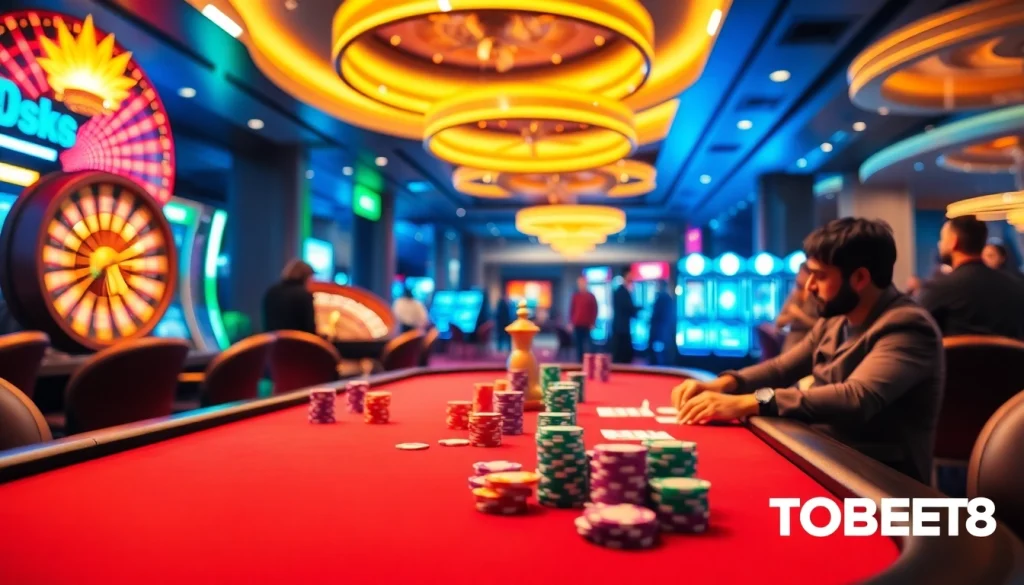 TOBET88 showcases an exciting poker game with colorful chips and cards, capturing the thrill of betting.