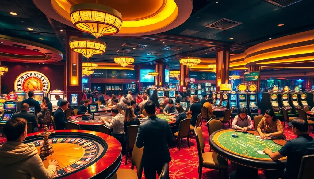 Exciting casino scene highlighting giải mã nhà cái uy tín with vibrant players engaged in roulette and blackjack games.