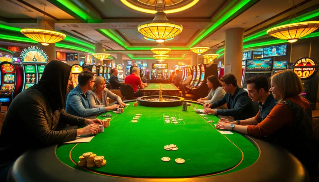 Gamble at the lively poker table in a casino, showcased in https://hz88.my/ with vibrant chips and cards.