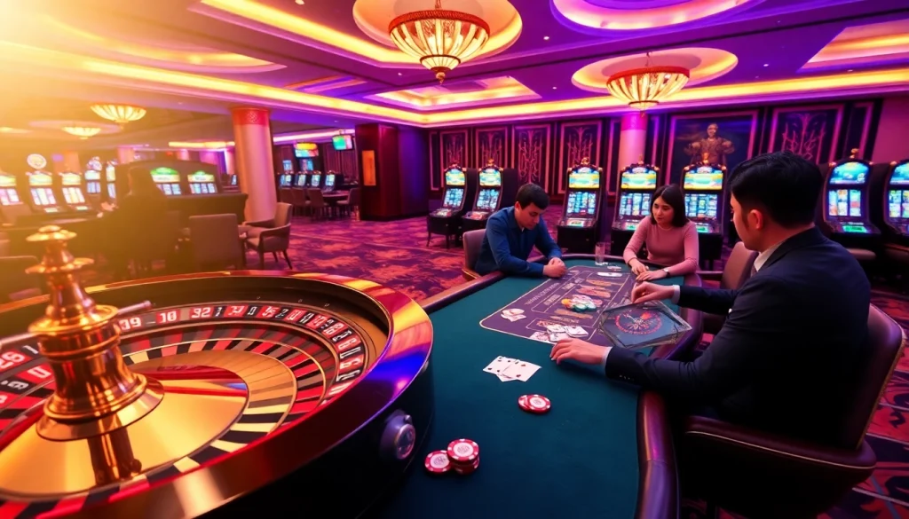 Players enjoying their experience at RR88 casino with poker chips and a roulette wheel.