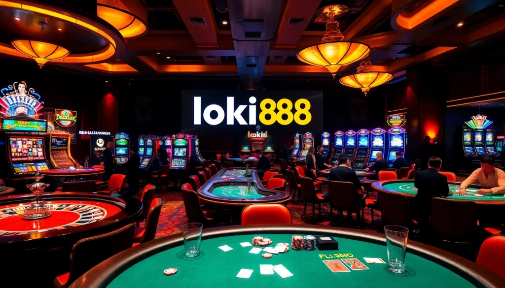 Experience the thrilling atmosphere of a casino featuring loki88 games, spinning roulette, and vibrant slot machines.