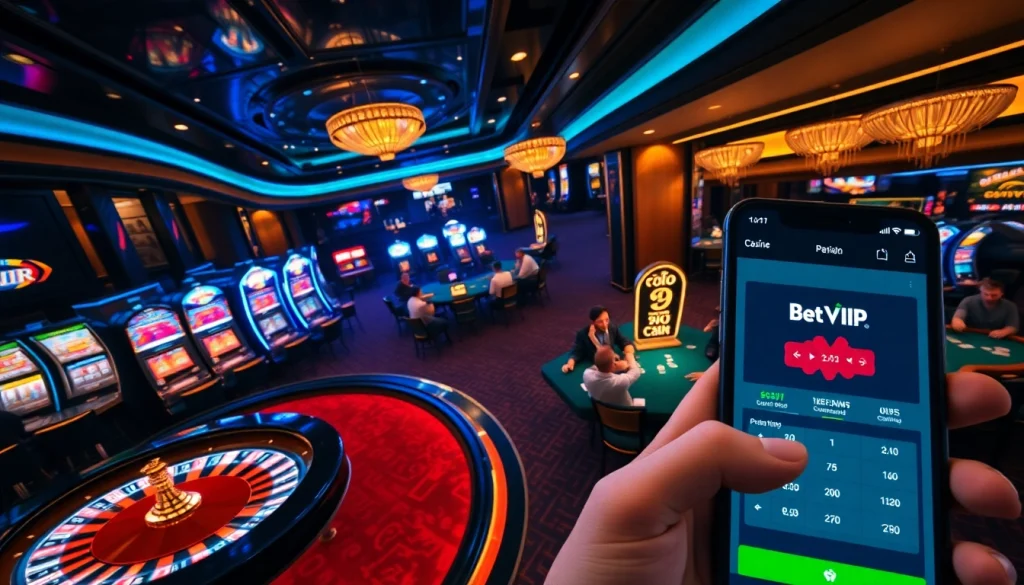 Experience the excitement of winning with the Bet VIP app while enjoying a luxurious casino setting filled with vibrant slot machines and roulette tables.