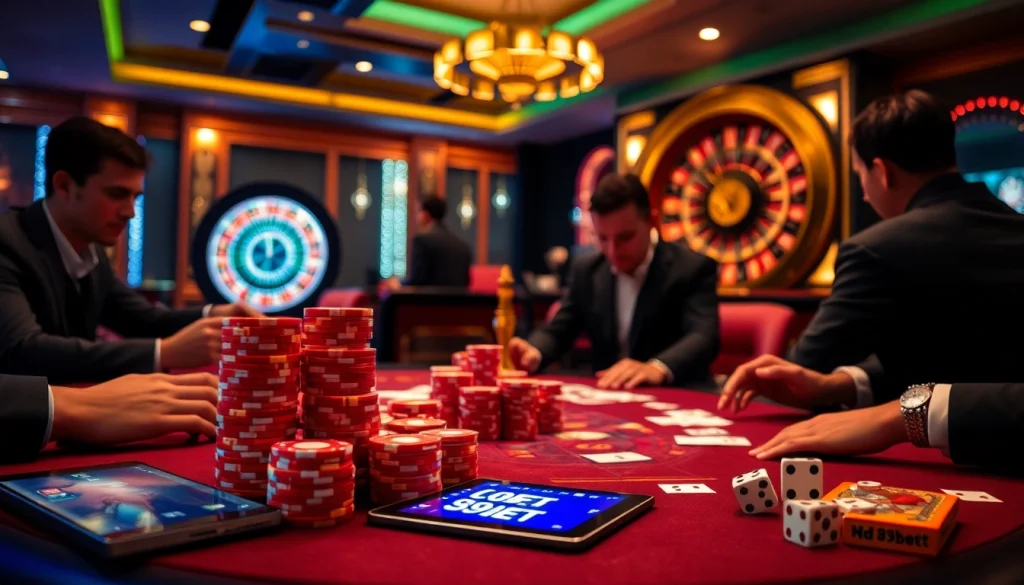 Experience the excitement of nhà cái 89bet with this vibrant casino scene featuring poker and roulette.