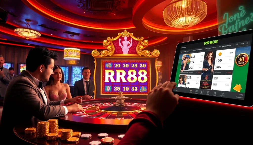 Experience RR88 excitement at a luxurious casino with vibrant slot machine action and lively gaming atmosphere.