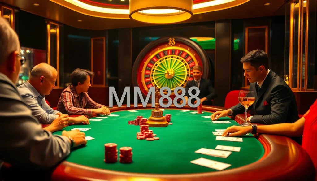 MM88 casino atmosphere with poker players enjoying vibrant gaming action and roulette.