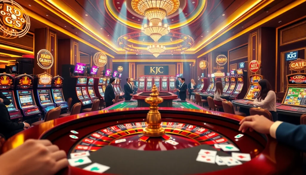 KJC gambling table scene showcasing an exciting roulette game and vibrant slot machines.