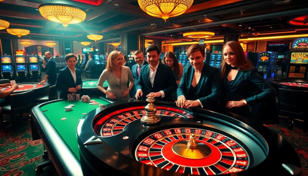 Experience the thrilling gaming atmosphere at TOPVIP's luxurious casino scene with roulette and poker.