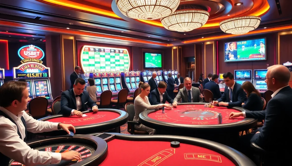 Enjoying thrilling casino games at USBET, featuring roulette, poker, and vibrant slot machines.