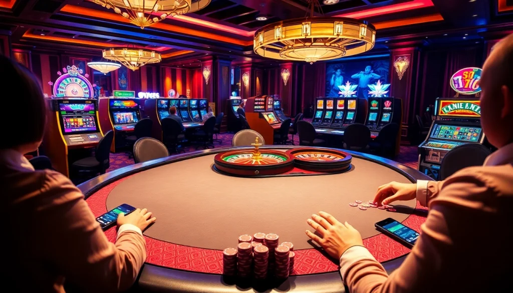 A vibrant scene at nhà cái sv66 featuring engaging casino elements like poker tables and slot machines, inviting players to join the excitement.