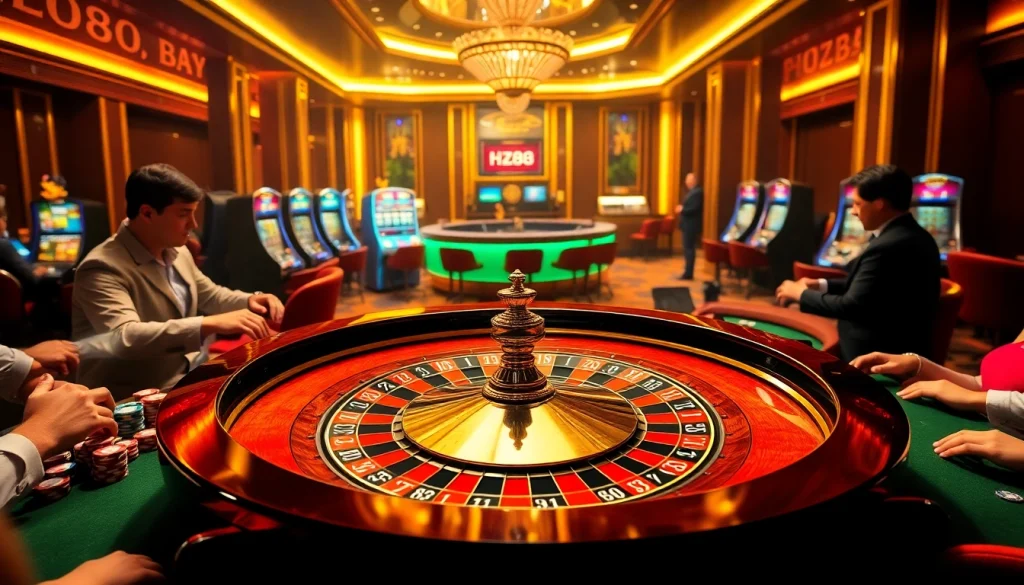 Experience the thrill of HZ88 casino gaming with lively roulette action and vibrant poker chips.