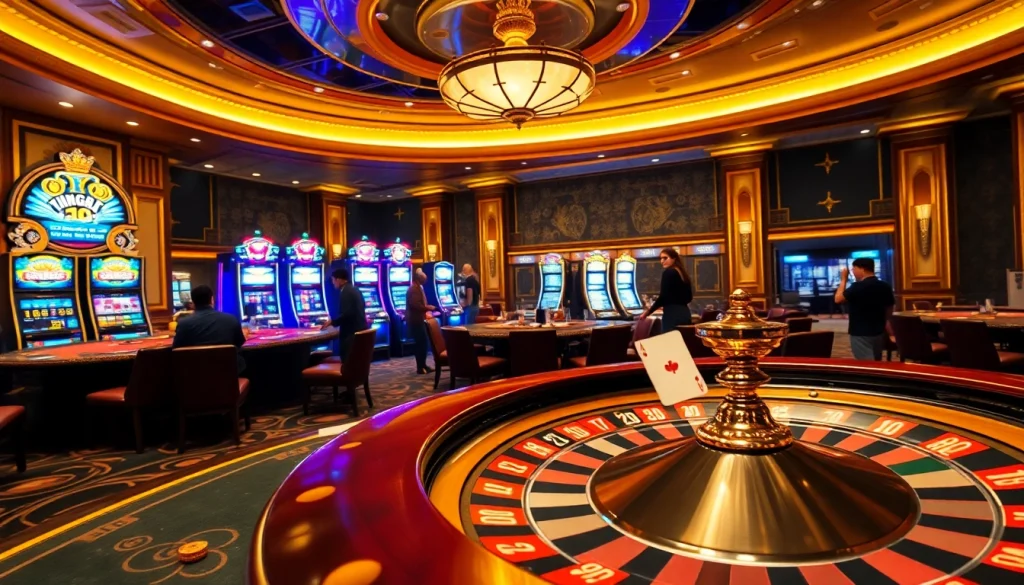 KING88 casino scene featuring vibrant slot machines and players enjoying poker and roulette.